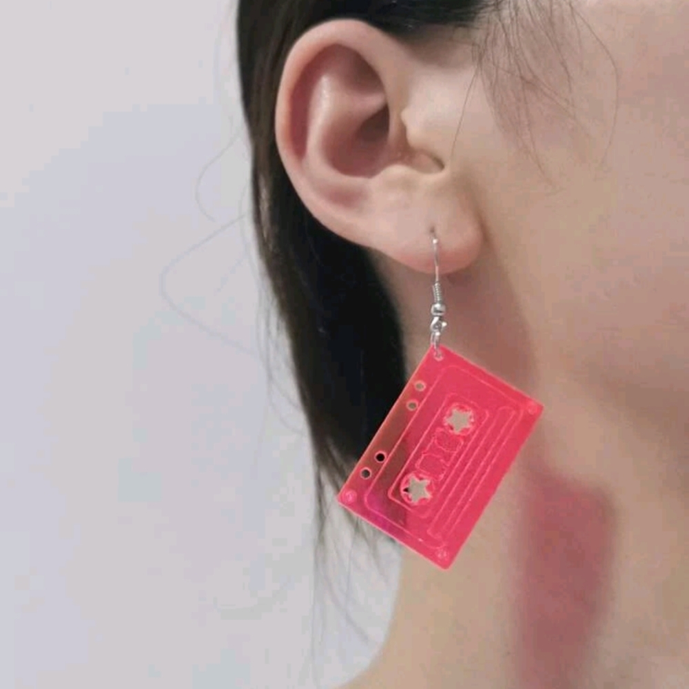 Neon Pink Cassette Tape Dangle Earrings